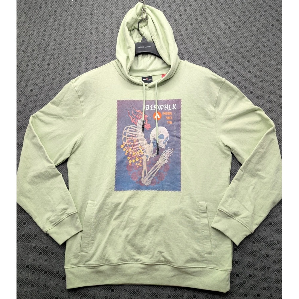 Airwalk Skeleton Floral Graphic Pullover Hoodie Mens XL Sage Green Skate Patch